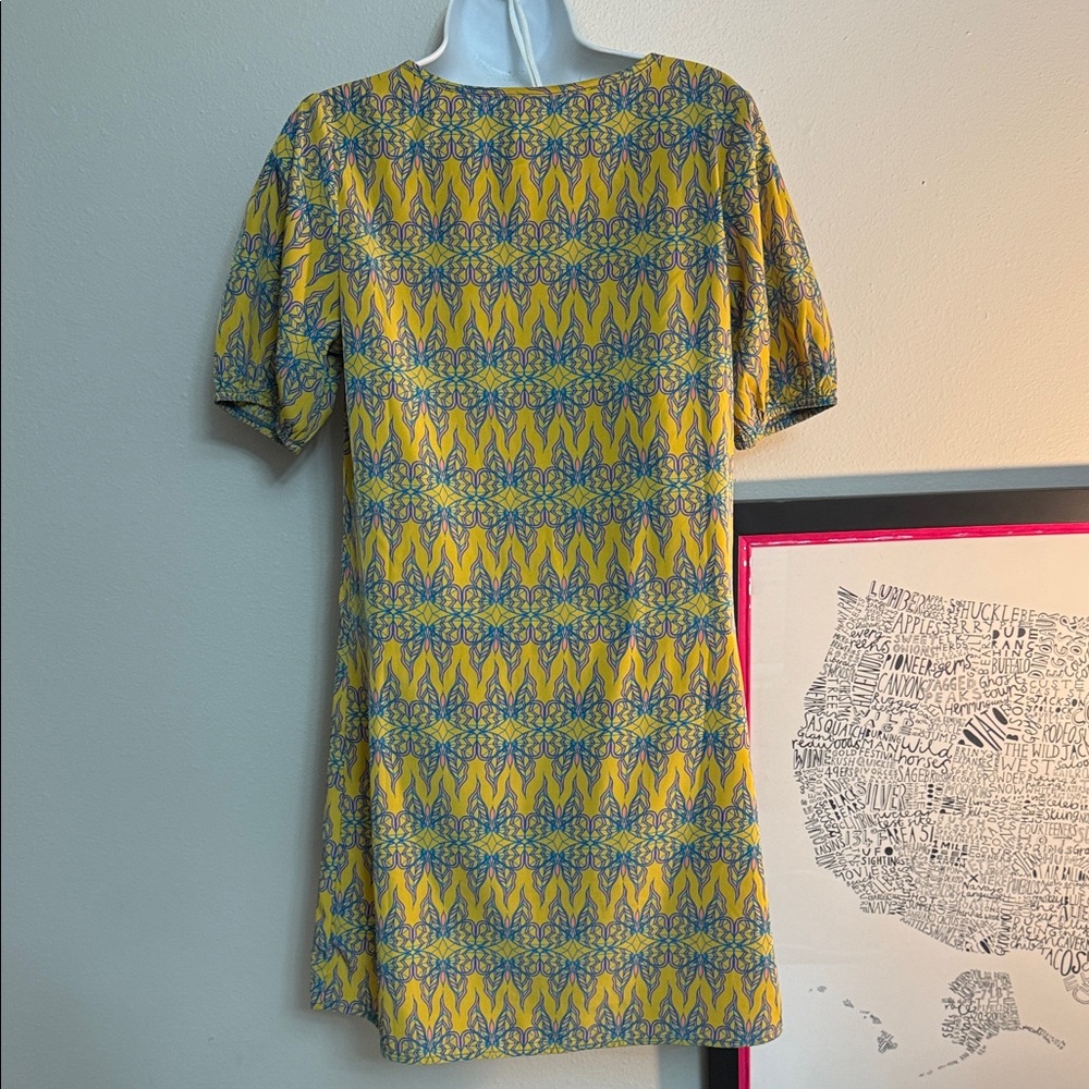 Birdcage size S Buttery Yellow and Blue Patterned Dress EUC - Picture 3 of 5